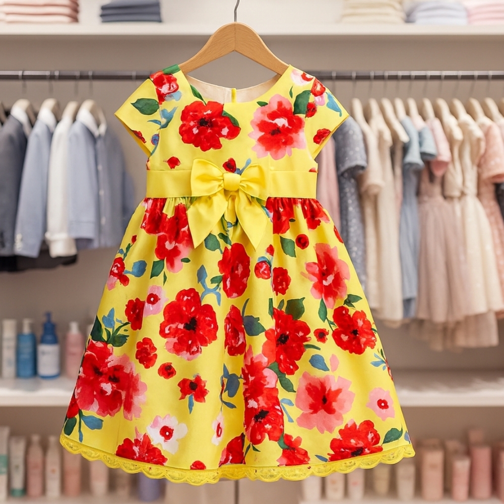 Floral Yellow and Red Kids Dress